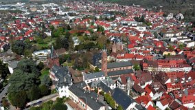 A beautiful flight on a quadcopter in the center of Weinheim. View of the houses and castles. Germany.