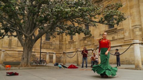 SEVILLE, SPAIN - MAY 8, 2019: Flamenco Dancing Street Performance in Front of Catedral de Sevilla in Slow Motion
