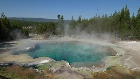 Wide shot of the blue Emerald Spring with steam rising up at the Norris Geyser Basin at Yellowstone National Park in Wyoming.