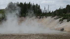 Steady close shot of steam rising from the mud volcano area at Yellowstone National Park in Wyoming, with natural sounds.