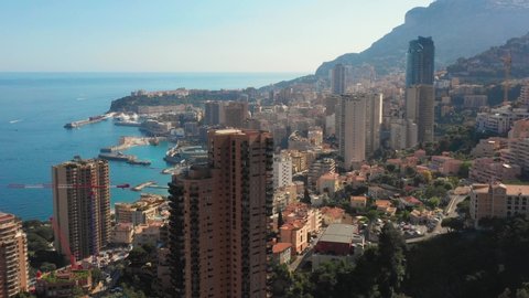 France, Monaco, Larvotto, drone aerial view. Monte Carlo Sea Land Project extension works, mediterranean expansion, in the background.