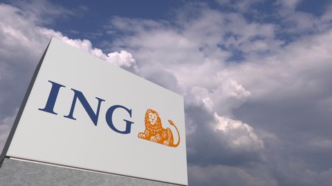 Logo of ING on a stand against cloudy sky, editorial animation. USA 2019