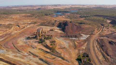 Abandoned Old Copper Extraction Mine, Portugal, aerial view