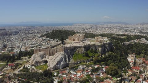 Parthenon, Acropolis, Athens, Greece. Drone shot / bird's eye aerial view.