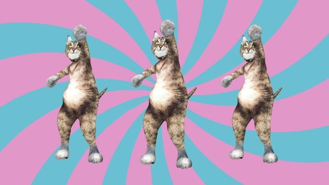 Comic tomcats waving paws and tail in an energetic clip summer mood. A cute brown pussycats dancing together in a modern style in tunnel colour space. Cool and the best moves in stylish of 80s and 90s