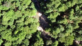 Aerial video shooting. Cars go on a mountain road. Green forest. Highest mountain. Blue sky.