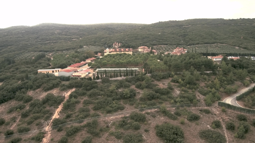 Aerial view of the Greek Orthodox monastery of Saint Paisios in the area of Thessaloniki Greece, move forward by drone