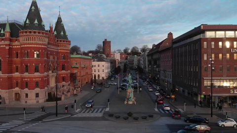 Helsingborg, Helsingborg / Sweden - 01 03 2019: Aerial view of central Helsingborg at sunset. Stor torget and the statue of Magnus Stenbock