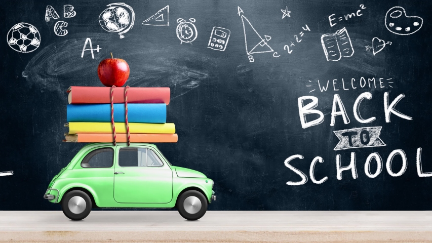 Back to school looped 4k animation. Car delivering books and apple against school blackboard with education symbols. Royalty-Free Stock Footage #1030791155
