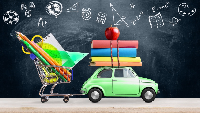 Back to school. Car delivering books and apple against school blackboard with education symbols. Seamlessly looped 4k animation. Royalty-Free Stock Footage #1030791170