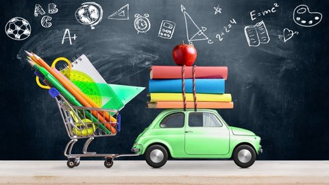 Back to school. Car delivering books and apple against school blackboard with education symbols. Seamlessly looped 4k animation.