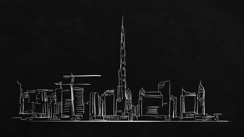 Dubai Panorama - self-drawing lines on black. Two in one. 5s build up, 5s loop and 5s tear down plus 20 sec build-up and 5s removal.