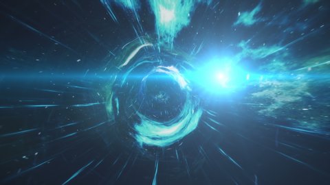 Seamless travel through a wormhole through time and space filled with millions of stars and nebulae. Wormhole space deformation, science fiction. Black hole. Vortex hyperspace tunnel. 4k animation