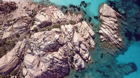 Aerial view of the coast of Cala Coticcio, one of the most Beautiful beaches in the world, Island of La Maddalena, Sardinia.