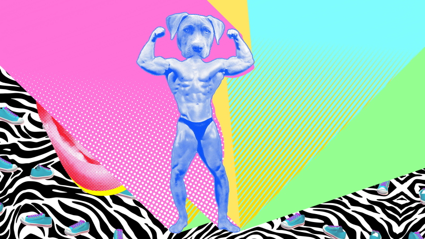 Seamless young animation of cartoon style dog head bodybuilder with duotono colors and halftone effect. Stop motion photo montage art collage with lips psychedelic background. Royalty-Free Stock Footage #1030806164