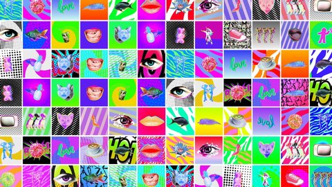 Seamless crazy animation of random printed psychedelic squares with vibrant colors.Creative backdrop art collage grid of slides. Contemporary art collage.