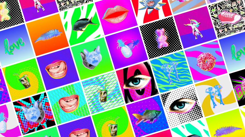 Seamless crazy animation of random printed psychedelic squares with vibrant colors.Art collage grid of slides. Contemporary art collage. Royalty-Free Stock Footage #1030806170