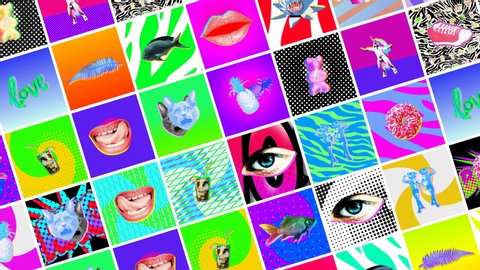 Seamless crazy animation of random printed psychedelic squares with vibrant colors.Art collage grid of slides. Contemporary art collage.