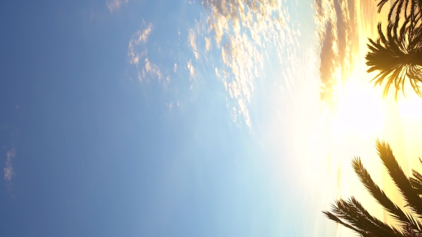 Beautiful sparkling peaceful marine sunrise landscape of tropical beach. Sunny golden, blue, white clouds morning sky, horizon line of seaside. Morning tropical nature 4k vertical video background.