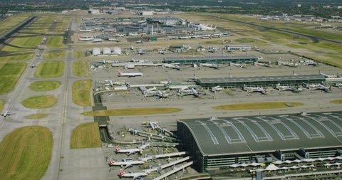 London, England. Circa, 2018. Aerial view of Heathrow International Airport full of airplanes waiting to take off.  England. UK.