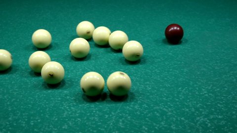 Ball break the triangle pyramid billiard balls on billiard table and getting to start game of russian billiards. Selective focus.: stockvideo