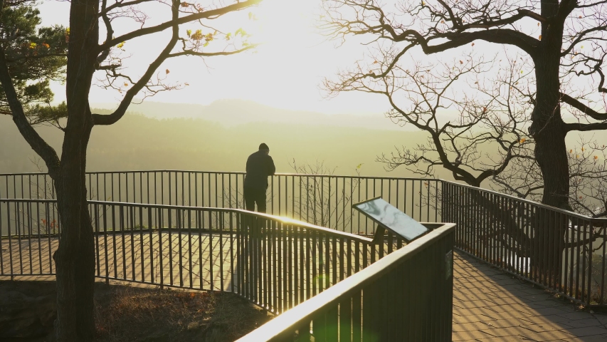 Old man filmed from behind enjoying view at sunset surrounded by trees