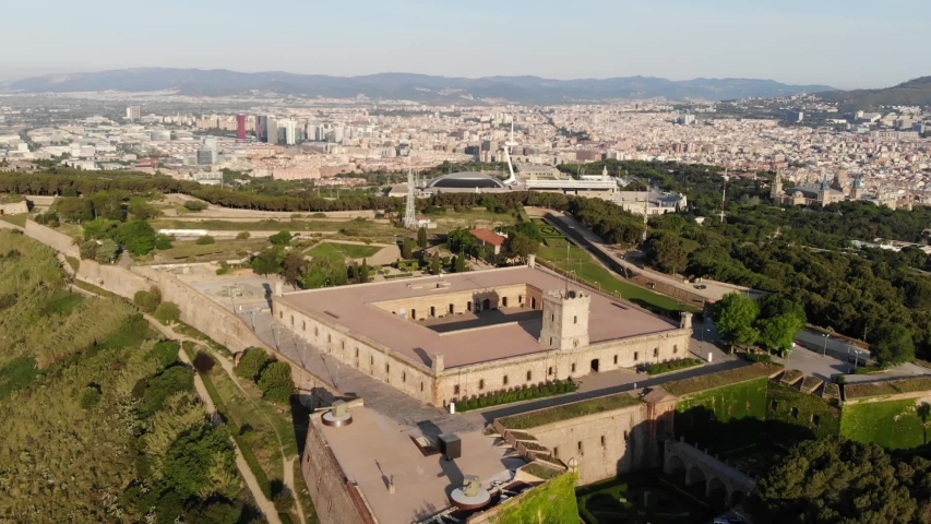 Aerial shot of Castell de Montjuic, Barcelona on sunny summer morning