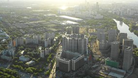 Filevsky park district, Moscow, Russia - 5 June 2019. Aerial view of the new modern buildings construction at sunset