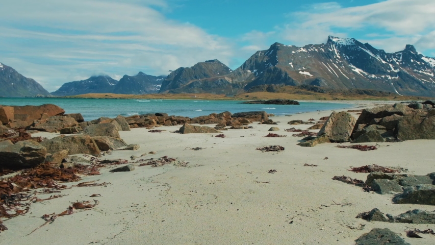 Sea coast and beach in summer, Lofoten archipelago. Norway. Tourist attraction.