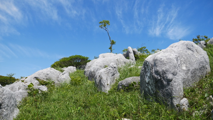 View of rocky hill and sky in Fukuoka prefecture, JAPAN. It is Hiraodai of karst plateau. without sounds