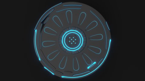 Dark futuristic animated technological background made from rotating cylinder shapes with blue glowing lines. Abstract background loop. 3D rendering animation