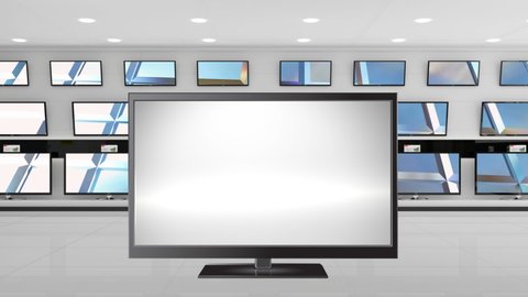 Digital animation of a flat screen television with a sale text on the screen. Behind it are other televisions displayed on a wall