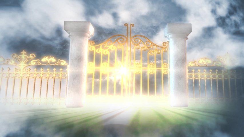 Opening of the golden gates of heaven opening with light spreading from the bright side slowly zoom in Royalty-Free Stock Footage #1030862246