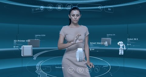 Virtual Reality metaverse Shop Online shopping concept. Woman operates HUD holographic user interface with products. Girl choosing mobile electronic gadgets in internet web VR store.