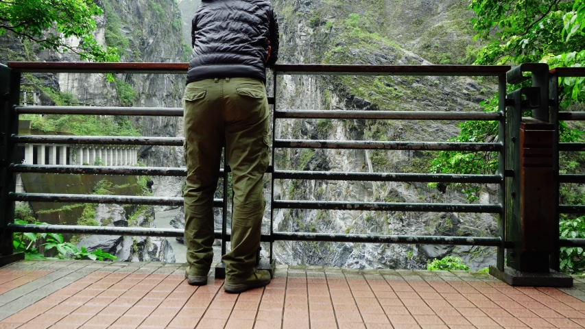 Young Caucasian Male Foreign Tourist Visit Taroko Gorge National Park in Taiwan. Active Solo Travel
