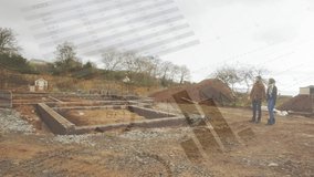 Digital composite of a man and a woman checking on a house foundation under construction with graphs and statistics running in the foreground - Powered by Shutterstock - Get 15% off with code: PIKWIZARD15