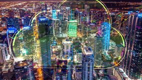 Night city hyperlapse Aerial city connected through 5G. Cloud computing  icons technology concept, Wireless network, mobile technology and data communication, artificial intelligence, Ai, internet, 4K - Powered by Shutterstock - Get 15% off with code: PIKWIZARD15