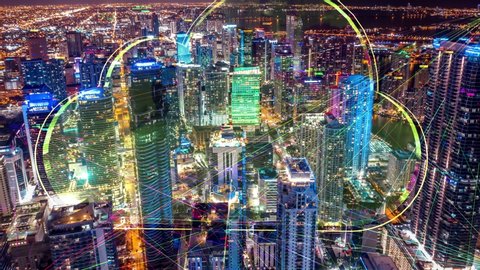 Night city hyperlapse Aerial city connected through 5G. Cloud computing  icons technology concept, Wireless network, mobile technology and data communication, artificial intelligence, Ai, internet, 4K