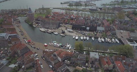 Aerial of sailing boats moored in the historic Dutch town Enkhuizen in North Holland the Netherlands
