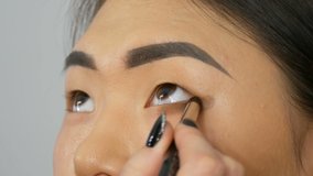 Professional make-up artist makes eye makeup of Korean girl Asian woman with a special brush