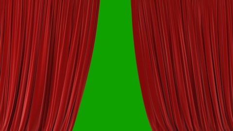Beautiful Red Waving Curtains Opening and Closing on Green Screen. Abstract 3d Animation of Silk Cloth Revealing Background.