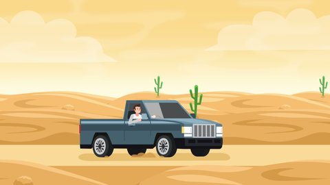 Flat cartoon isolated vehicle pickup truck car with man character drive along desert