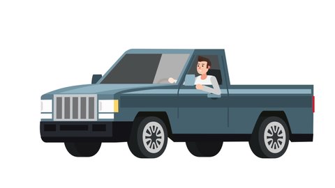 Flat cartoon isolated blue vehicle pickup truck car with man character animation 