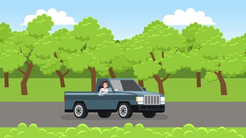 Flat cartoon isolated vehicle pickup truck car with man character drive