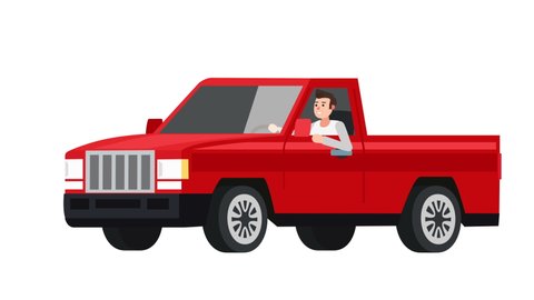 Flat cartoon isolated red vehicle pickup truck car with man character animation 