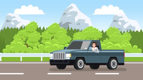 Flat cartoon isolated vehicle pickup truck car with man character drive along alpine forest road