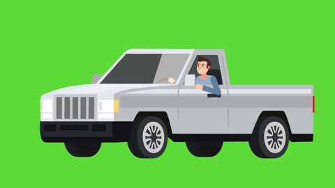 Flat cartoon isolated white vehicle pickup truck car with man character animation 