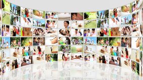Montage 3D wall of tablet images showing young ethnic females enjoying a variety of leisure activities