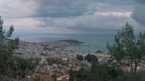 Mytilene, Greece - 12 21 2018: Scenic handheld wide shot of Mytilene