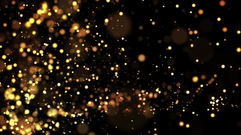 gold particles in liquid float and glisten. Background with glittering golden particles depth of field and bokeh. Luma matte to cut out glowing particles for holiday presentations. 4k 3d animation. 64